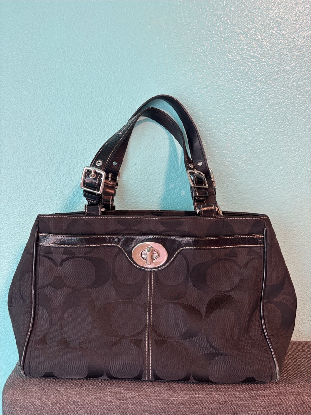 Coach F14415 Black Signature Turnlock Tote Bag